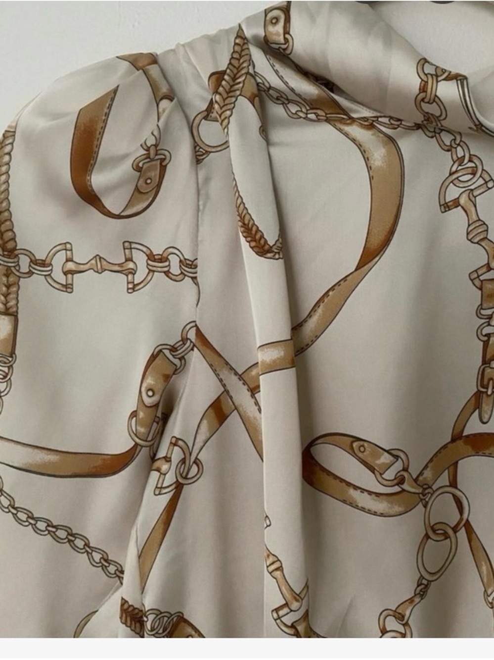 Long Sleeve Chain Print Satin Dress - Cream/Gold - Picture 9 of 9